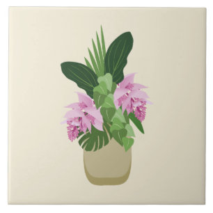 Azulejo Medinilla tropical Flor rosa en grasa amarilla