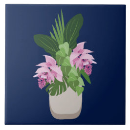 Azulejo Medinilla tropical Vasa de flores rosadas en azul