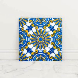 Azulejo Mediterranean Sunburst Blue and Gold Floral Mosaic