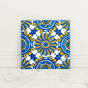 Azulejo Mediterranean Sunburst Blue and Gold Floral Mosaic