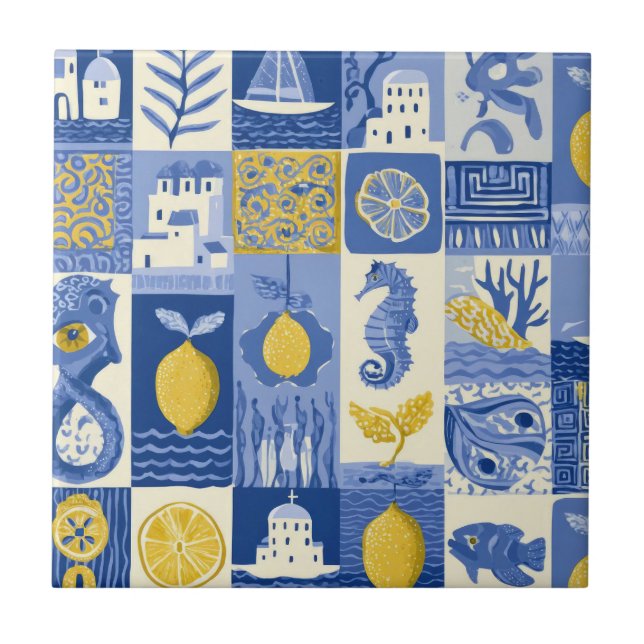 Azulejo Mediterranean Tile Lemon Coastal Pattern (Frente)