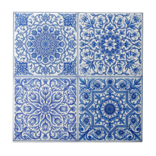 Azulejo Mediterráneo Blanco Azul con Patrón Botáni