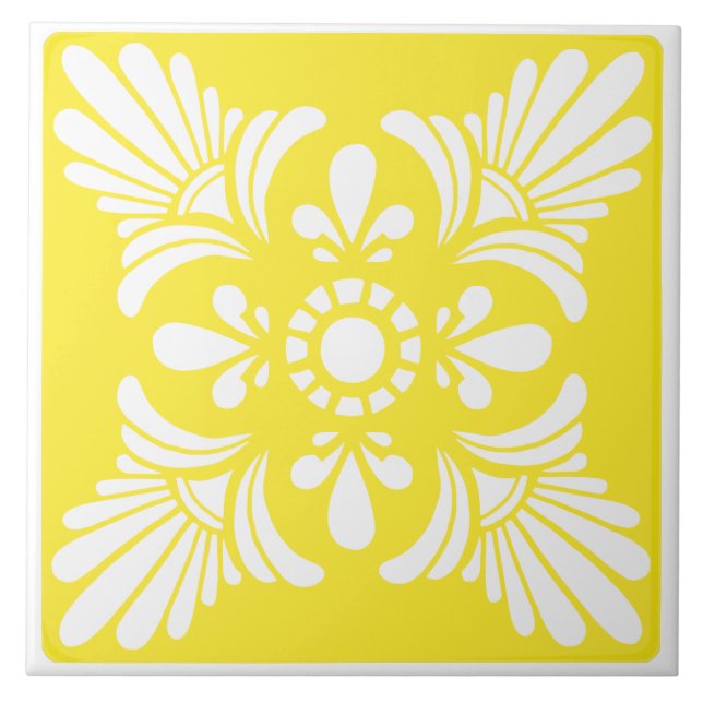 Azulejo Mediterráneo blanco y amarillo brillante con estam (Frente)
