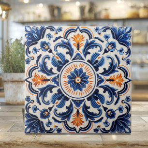 Azulejo Mediterráneo con Azul y Naranja