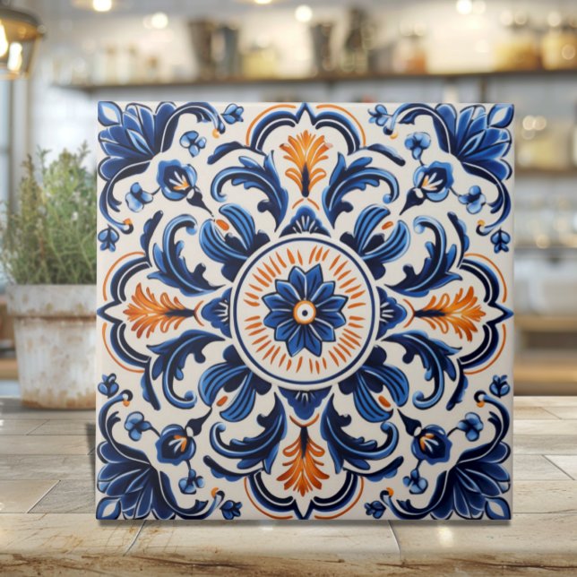 Azulejo Mediterráneo con Azul y Naranja (Mediterranean Pottery Style Ceramic Tile - Sicilian heritage)