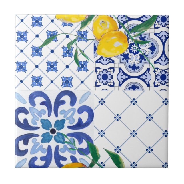 Azulejo Mediterráneo,estilo amalfitano,cuadrados simples   (Frente)