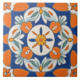 Azulejo Mediterráneo floral geométrica naranja y azul