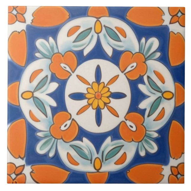 Azulejo Mediterráneo floral geométrica naranja y azul (Frente)