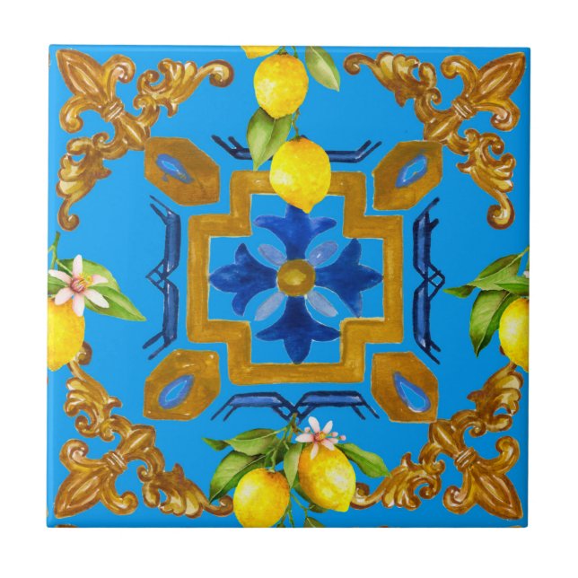 Azulejo Mediterráneo,majólica,tejas,limones,cítricos (Frente)