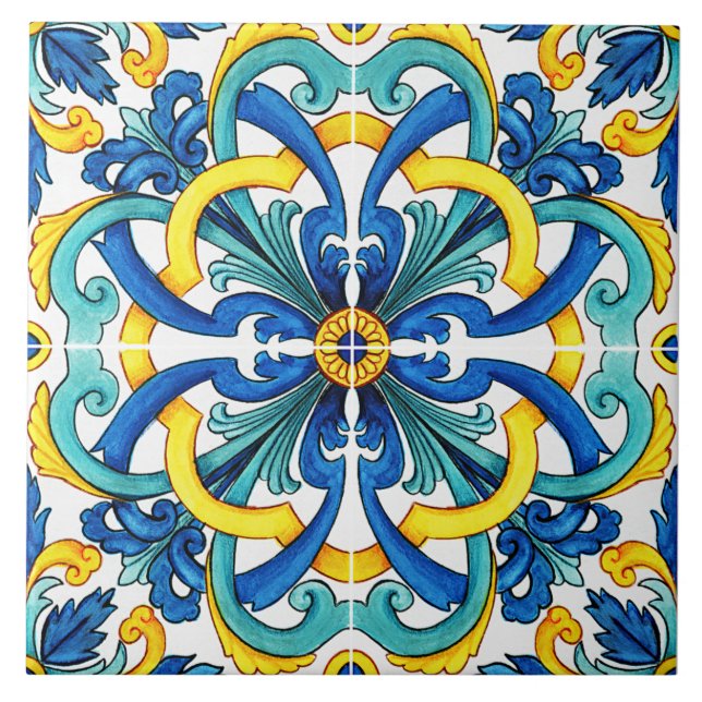 Azulejo Mediterráneo Rústico Amarillo Y Azul (Frente)