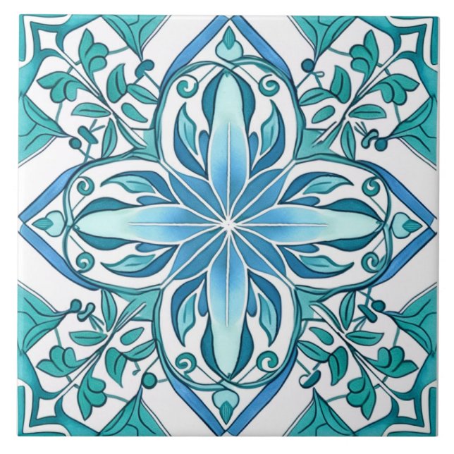 Azulejo mediterráneo verde azul Ornate (Frente)