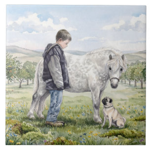 Azulejo Mejores Amigos-Niño con Poni y Perro en una Huerta