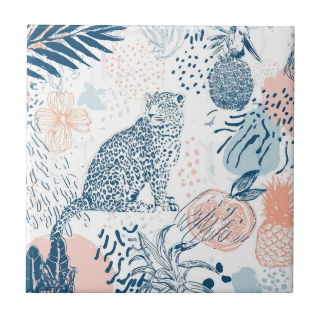 Azulejo Melocotón Azul Leopardo Tropical Abstracto (Frente)
