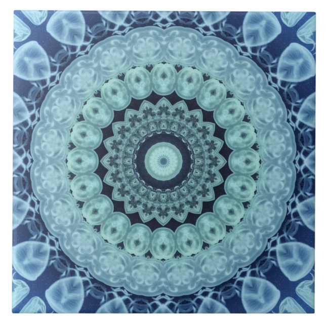 Azulejo Melocotonería azul Mandala Simetría inspirada en e (Frente)