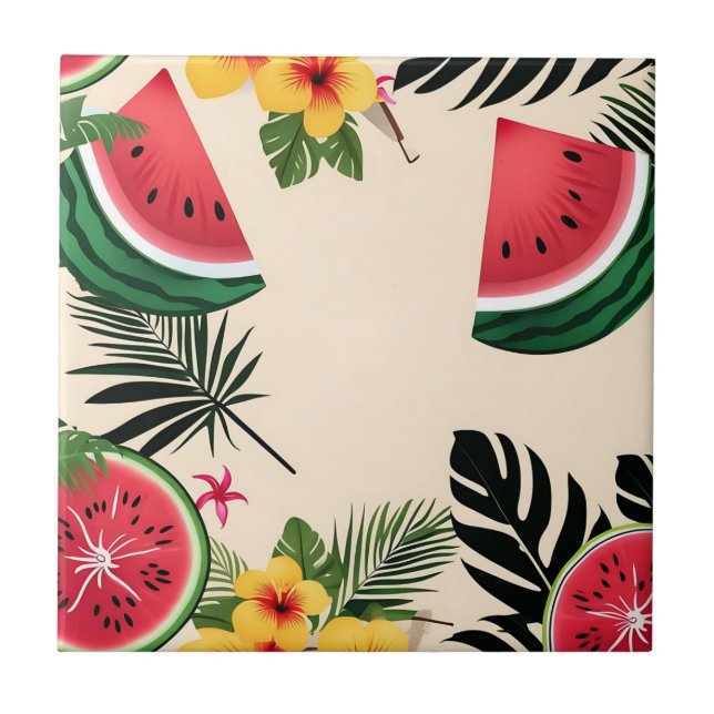 Azulejo Melón De Agua Y Flores Vibrantes (Frente)