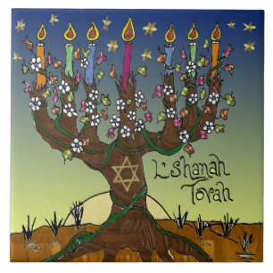Azulejo Menorá del Árbol de la Vida para Rosh Hashaná L'Sh