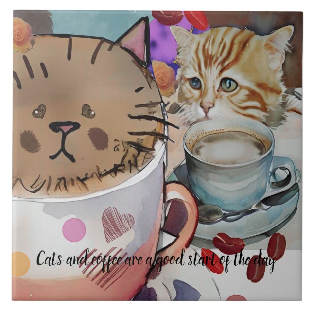 Azulejo Mensajes de texto para gatos y café y personalizad (Frente)