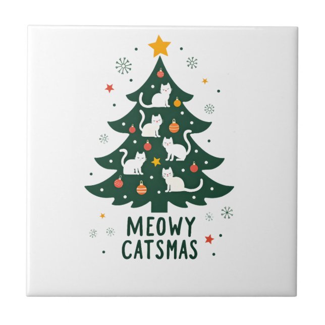 Azulejo Meowy Catmas Cat Christmas Tree Xmas Funny Santa C (Frente)