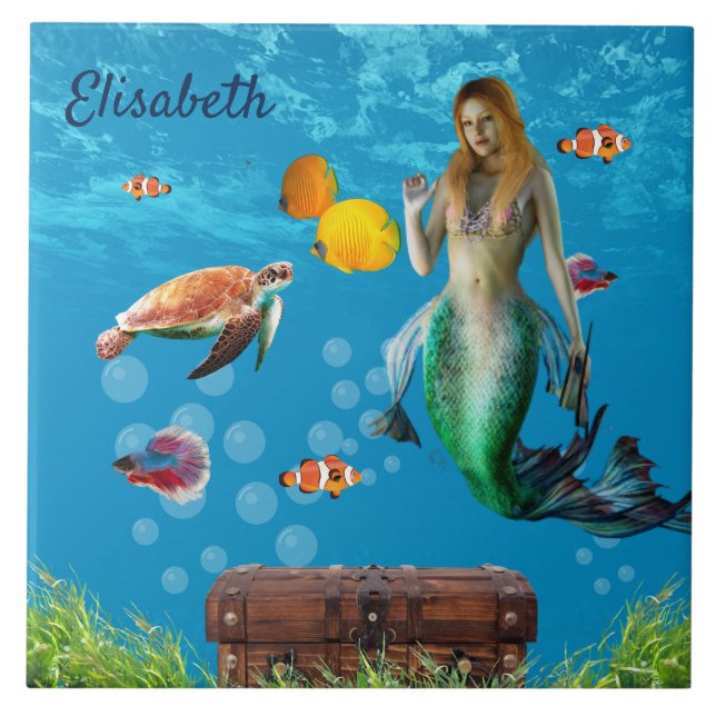 Azulejo Mermaid subacuático Treasure Hunt Fantasy Blue (Frente)