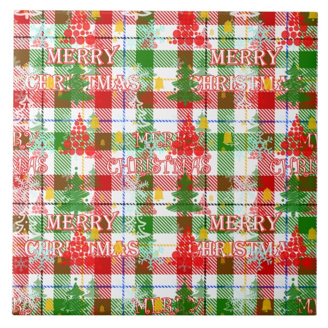 Azulejo Merry Christmas Decorated Plaid Tartán (Frente)