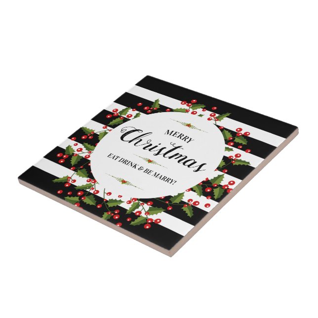 Azulejo Merry Christmas Typography Red Berries Wreath (Lado)