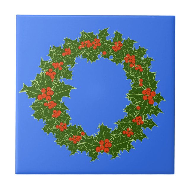 Azulejo Merry Red Berry y Holly Wreath para Navidades (Frente)
