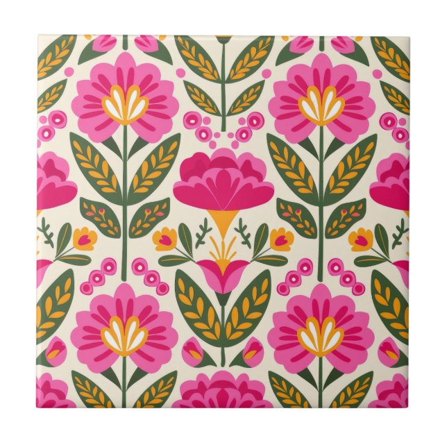 Azulejo Mexican Talavera Flowers Fuchsia Pink Floral  (Frente)