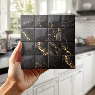 Azulejo Mezcla de mármol cuadrados 4x4 negro/oro ID1186c