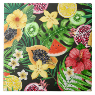 Azulejo Mezcla tropical, flores y hojas en negro