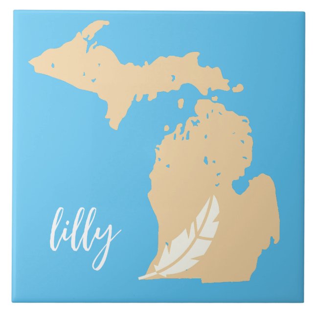 Azulejo Michigan Map Feather Nombre personalizado Blue Tan (Frente)