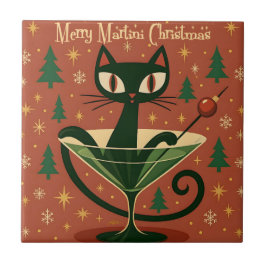 Azulejo Mid Century Black Cat Merry Martini Christmas