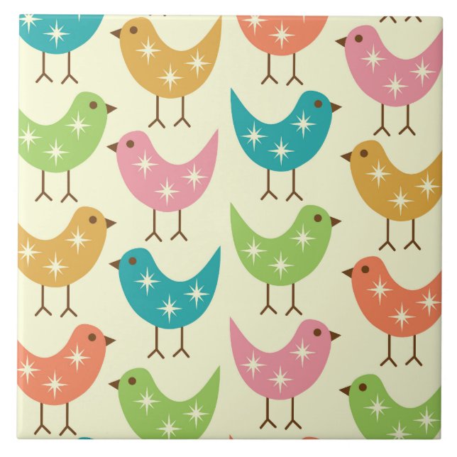 Azulejo Mid Century Modern Colorful Atomic Birds Pattern  (Frente)
