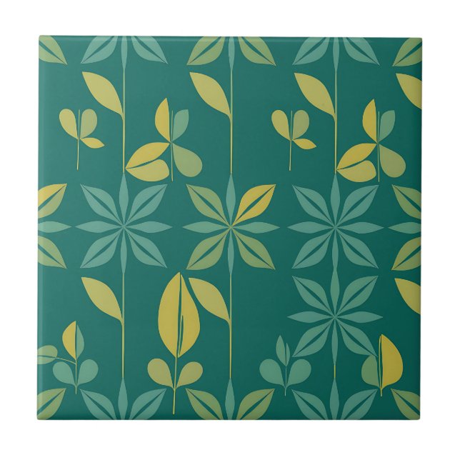Azulejo Mid-Century Modern Teal Botanical Geometric Leaf (Frente)