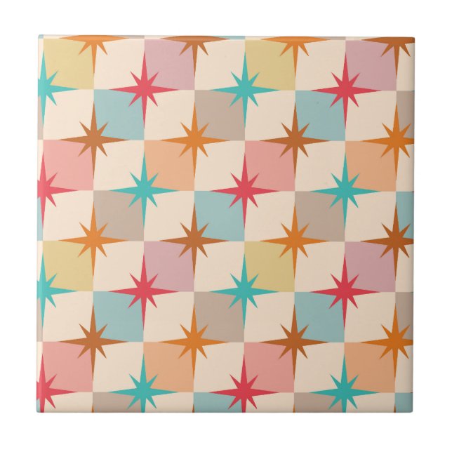 Azulejo Mid Century Starbursts on Pastel Checkerboards (Frente)