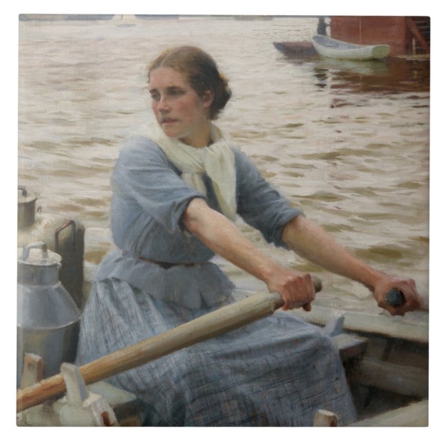 Azulejo Milk Maid en un barco de remo (por Albert Edelfelt (Frente)