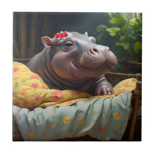 Azulejo "Mimos Mañaneros: Cría de Hipopótamo Despierta en 