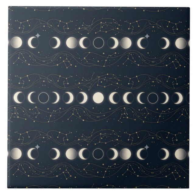 Azulejo Minimalist Lunar Phases Pattern with Stars and Nig (Frente)