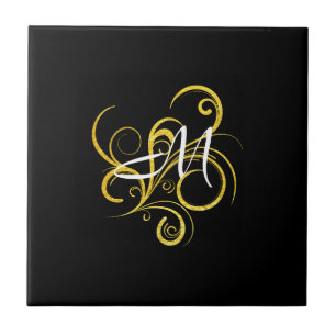 Azulejo Minimalista Monograma Dorado Negro