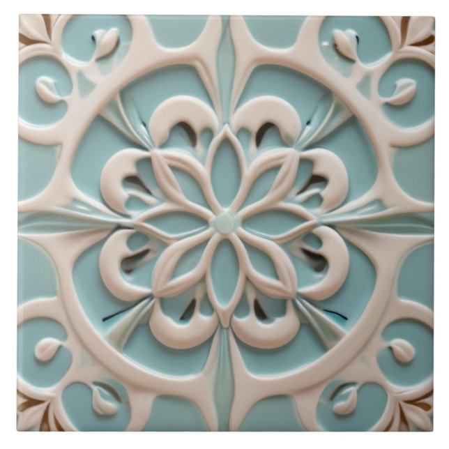 Azulejo Mint Blue Daisy Flor Faux Relief Boho Floral (Frente)
