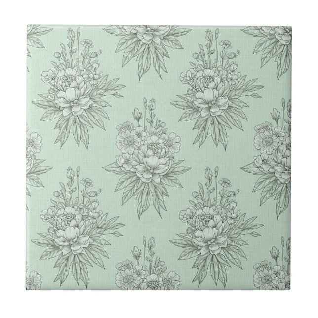 Azulejo Mint Green Botanical Toile with Floral Bouquets (Frente)