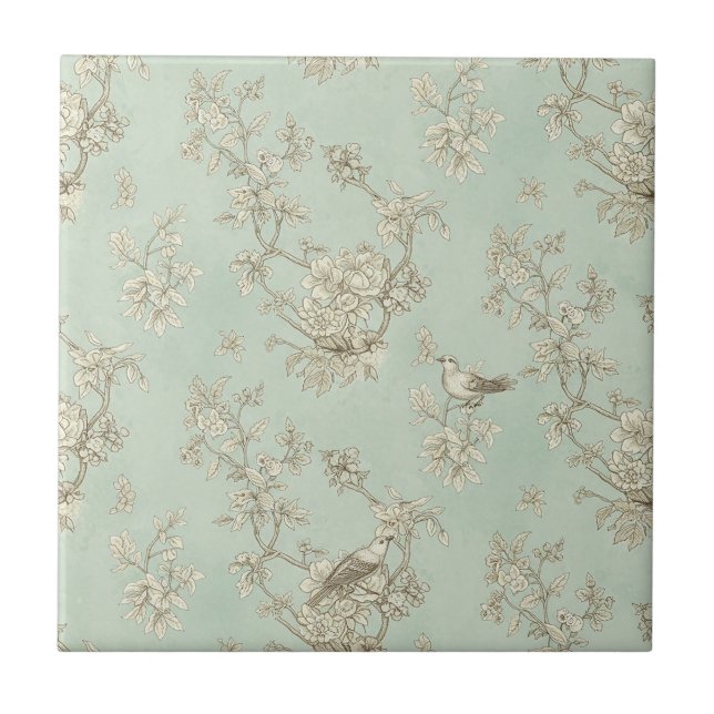 Azulejo Mint Green French Country Birds and Floral Toile 1 (Frente)