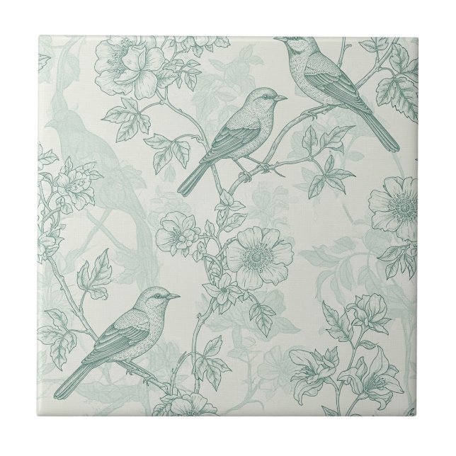 Azulejo Mint Green French Country Birds and Floral Toile 2 (Frente)