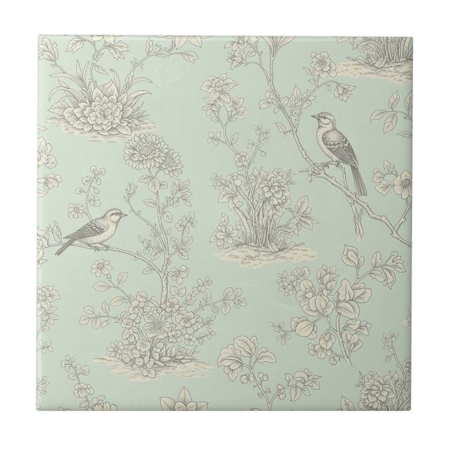 Azulejo Mint Green French Country Birds and Floral Toile 3 (Frente)