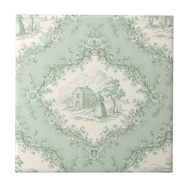 Azulejo Mint Green French Country Floral Toile - Farmhouse (Frente)