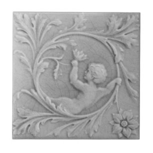 Azulejo Minton Faux Relief Putti Gray Marble de Repro 1880