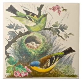 Azulejo Minton Hand Pinted Birds Berries de finales del si