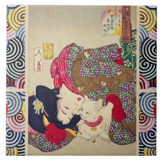 AZULEJO MIRANDO CANSANTE, JAPONESA CON GATO BLANCO