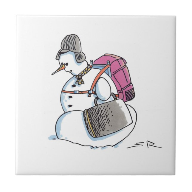 Azulejo Mochila Snowman pequeña cerámica (Frente)