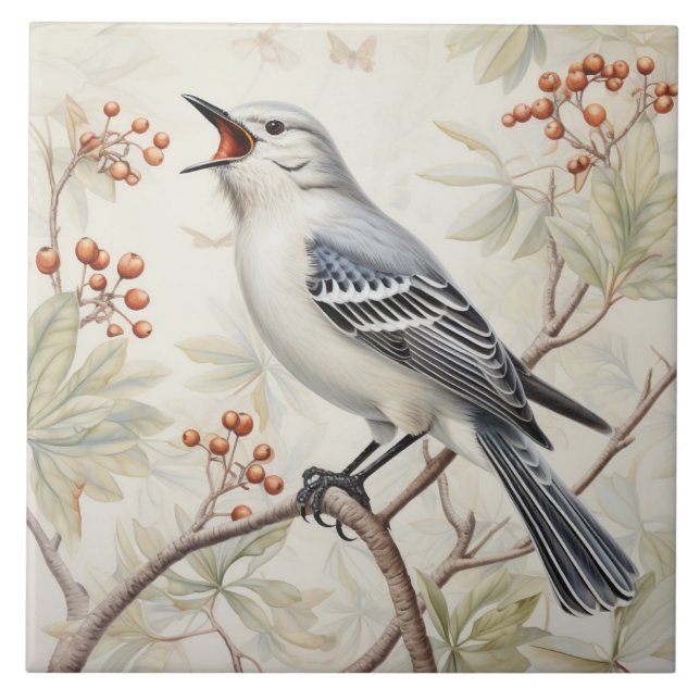 Azulejo Mockingbird Tile - Ilustracion natural gris (Frente)