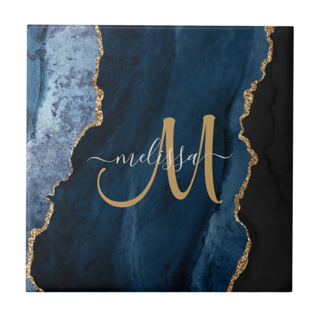 Azulejo Moda Blue Gold Agate Script Monograma Personalizad (Frente)